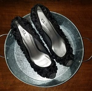 CL by Laundry Black Rosette Peep Toe Heels
